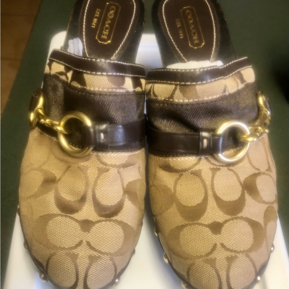 Coach Brown Signature Canvas Mule Heels with Gold Hardware - Picture 2 of 7